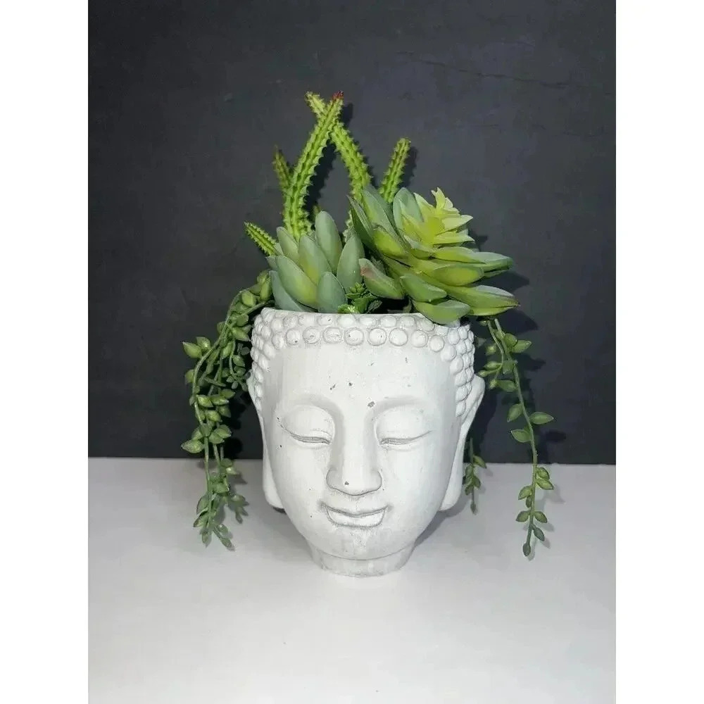 Buddha head Concrete Modern planter faux succulent plant Hindu Zen Decor gift - Picture 1 of 6
